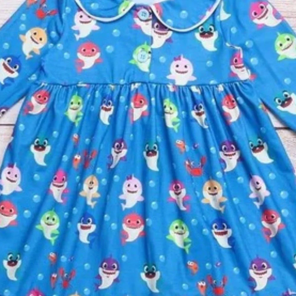 Boutique Baby Shark Girls Long Sleeve Nightgown Pajamas